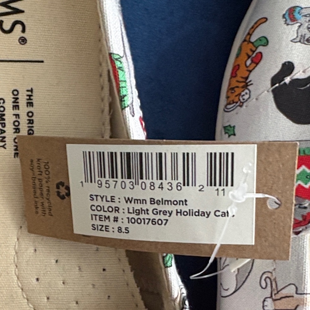 TOMS Multicolor Cat Pattern Holiday Christmas Slip-Ons Size 8.5 NWT - Picture 8 of 8